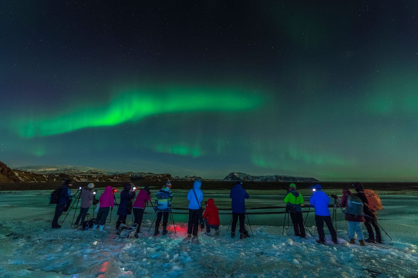 Un groupe de photographes sur un sol gelé observant une aurore verte
