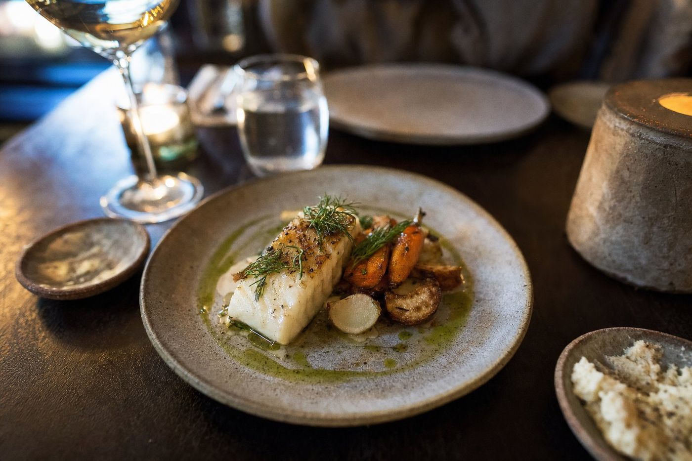 Une assiette de poisson blanc snacké à l'huile d'aneth avec des légumes rôtis sur une table éclairée aux chandelles