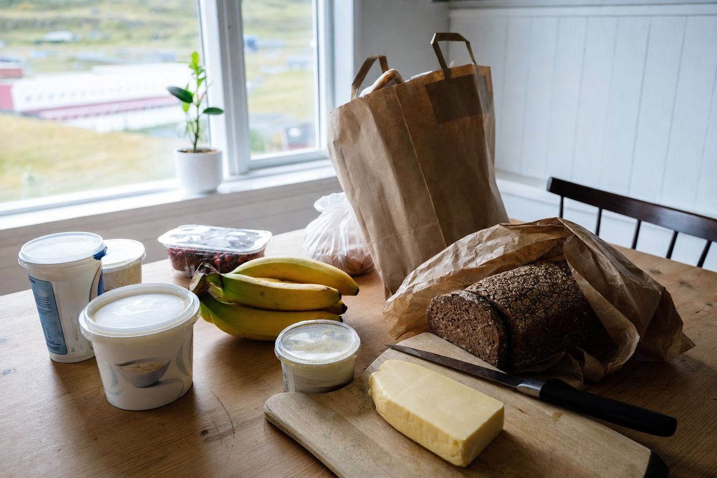 Skyr, rye bread, bananas and cheese from a supermarket on a kitchen table