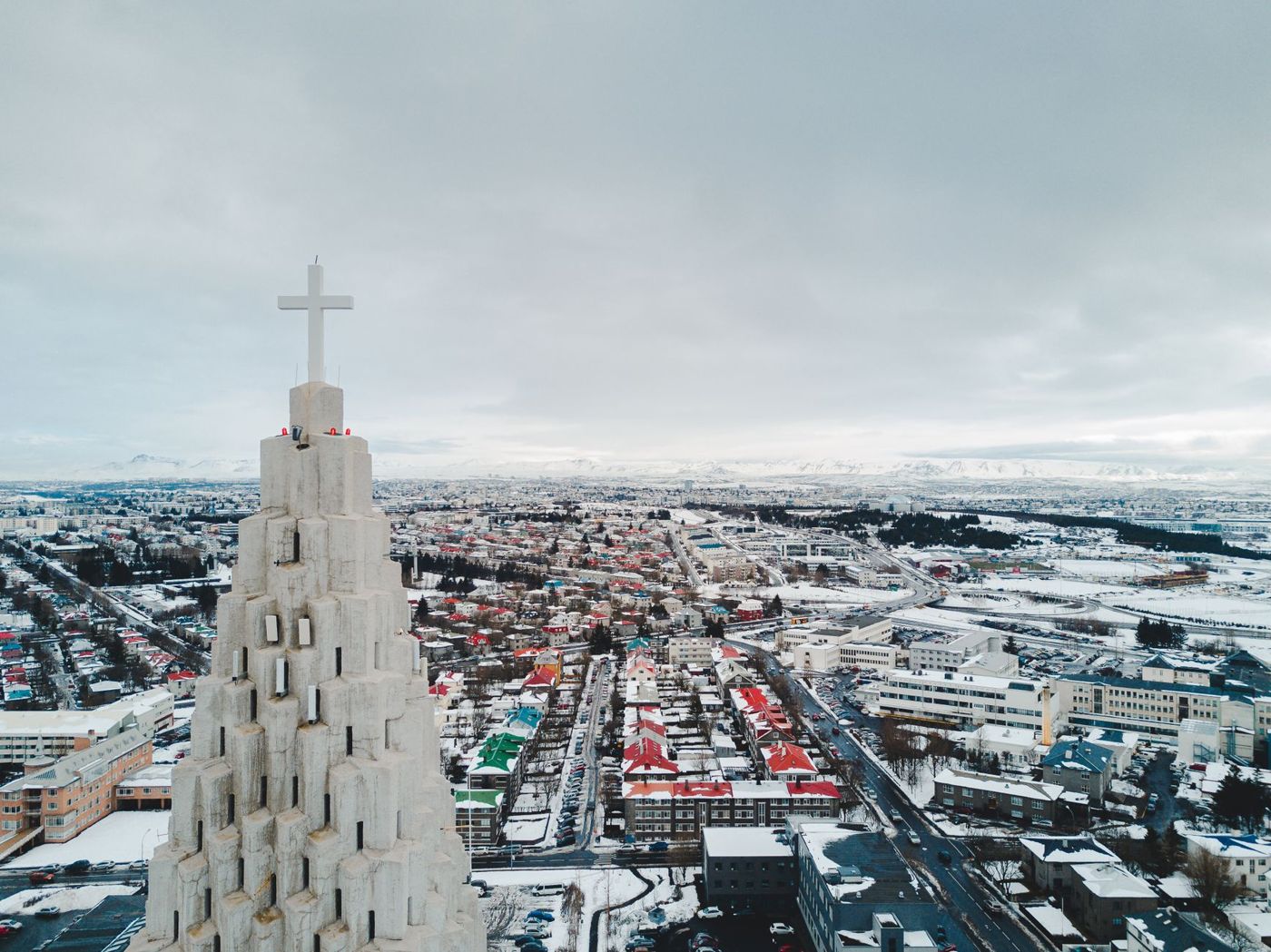 Hallgrimskirkja tower above Reykjavik's rooftops