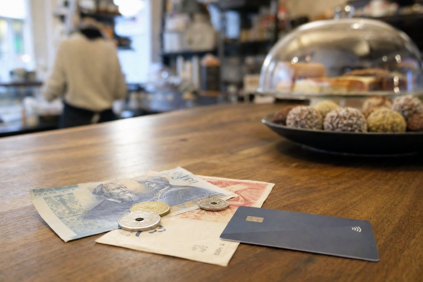 Billets de banque, pièces de monnaie et une carte sans contact sur un comptoir de café