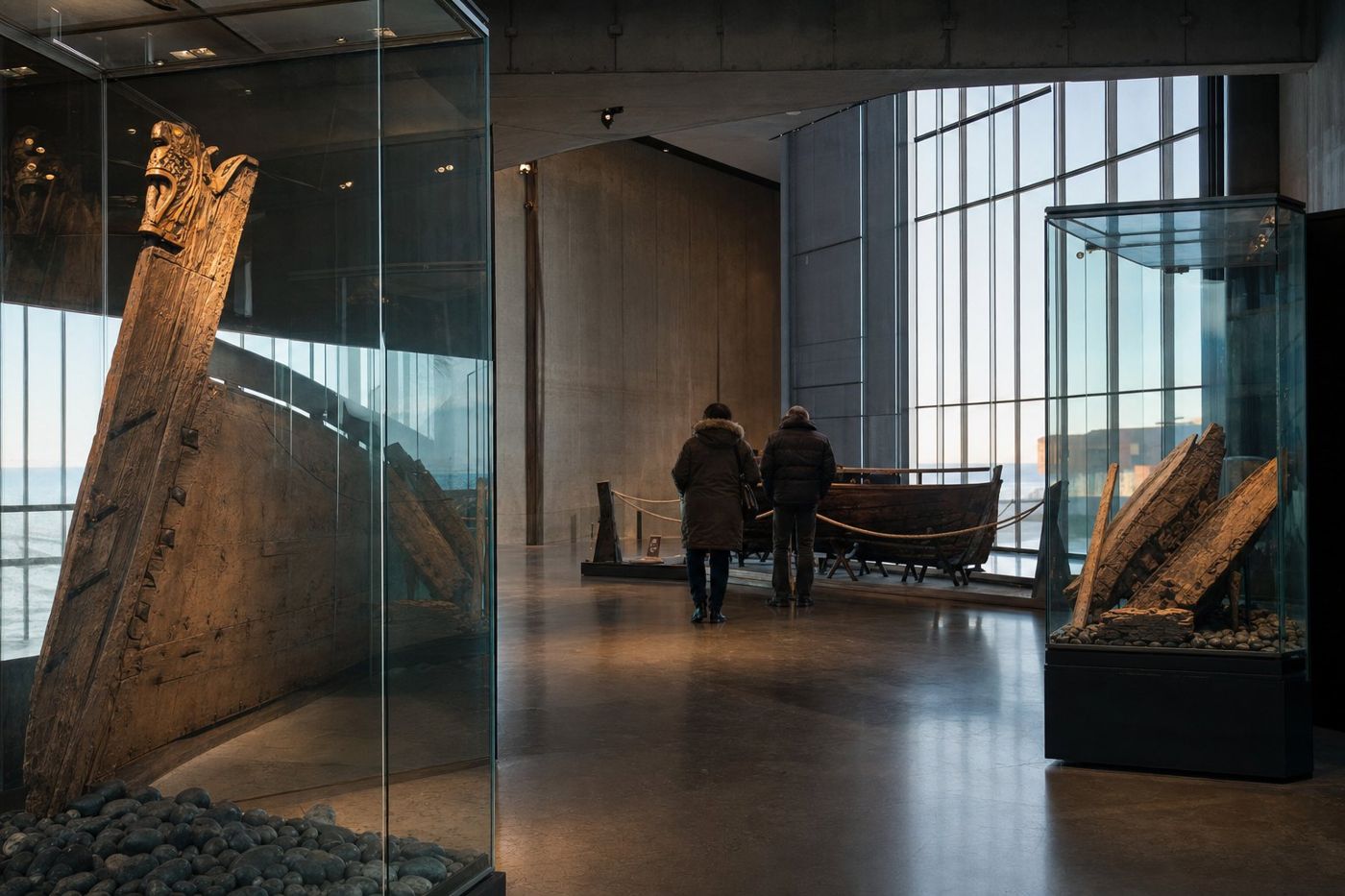 Visiteurs dans une galerie de musée tranquille avec des vestiges de bateaux en bois anciens dans des vitrines