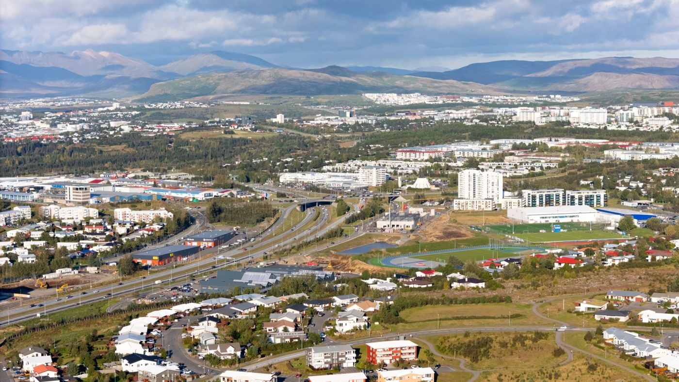 Reykjavik's harbour and low skyline seen from the water