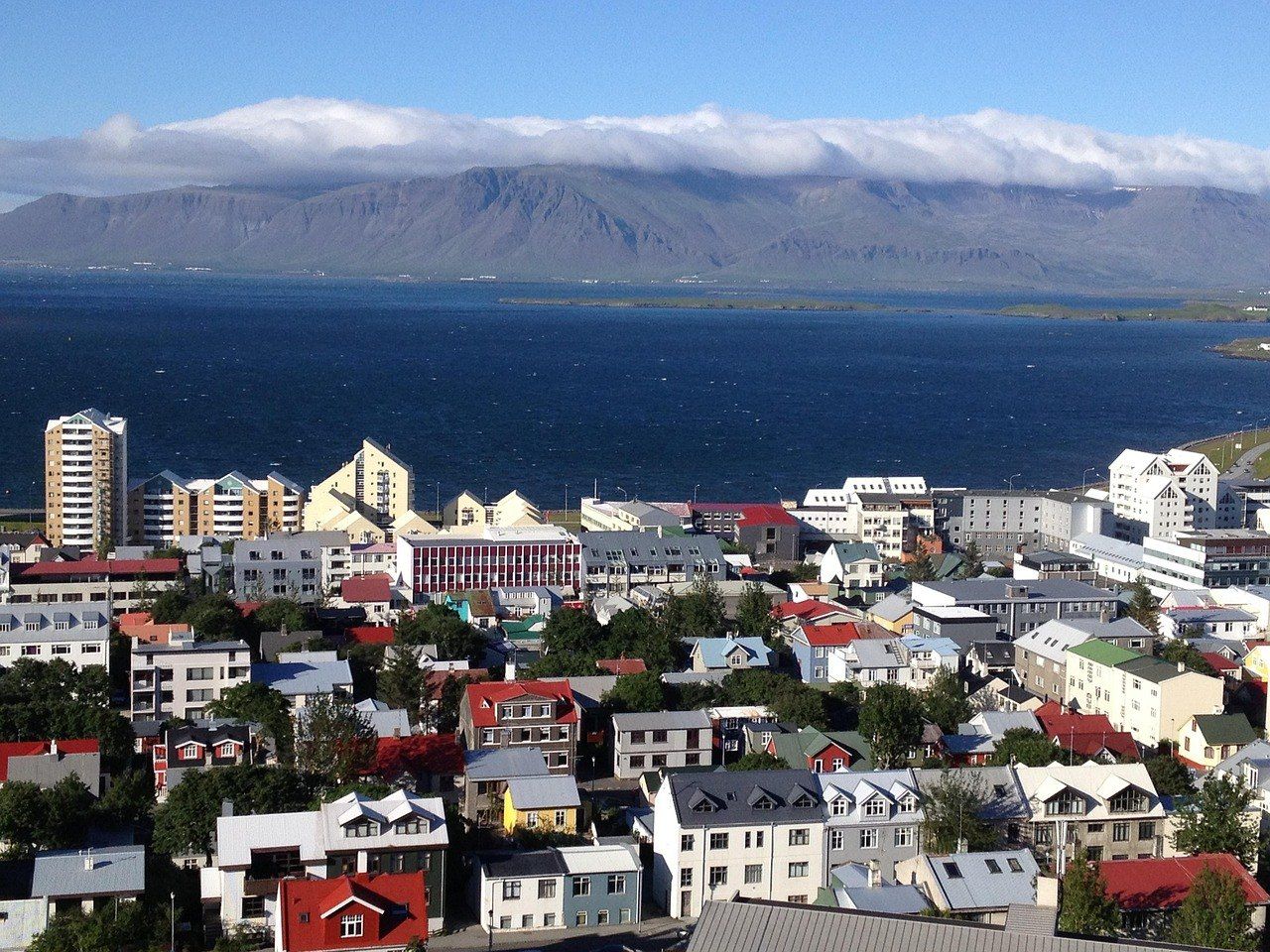 Central Reykjavik and the bay seen from above, with Mount Esja across the water