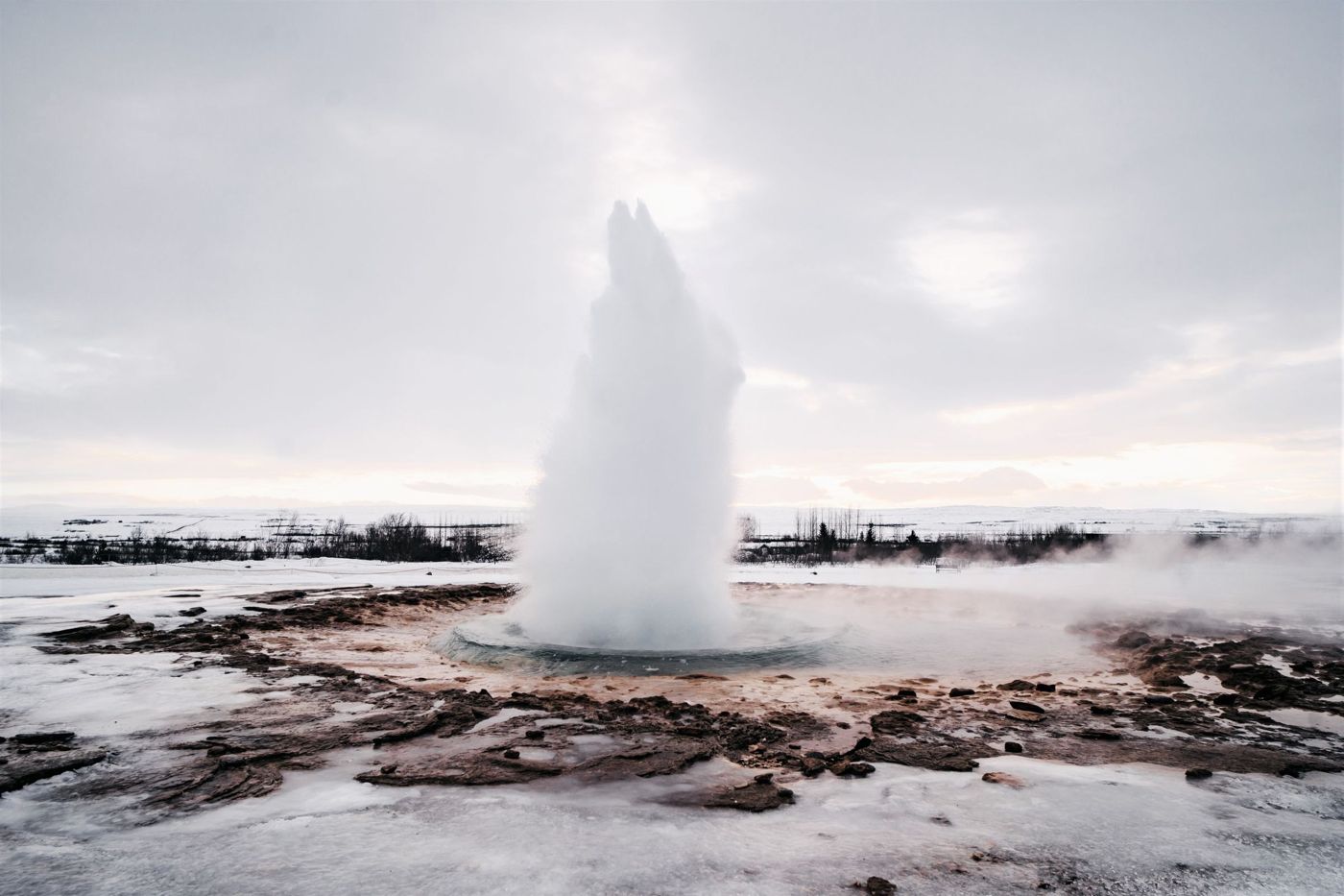 Le geyser Strokkur en éruption en hiver, de la vapeur dérivant au-dessus de la neige