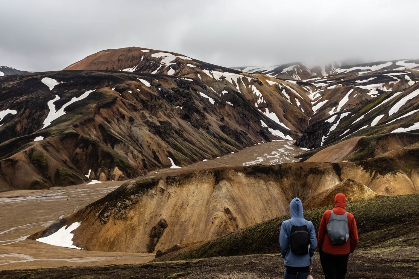 Two hikers with backpacks looking over the coloured mountains of Landmannalaugar